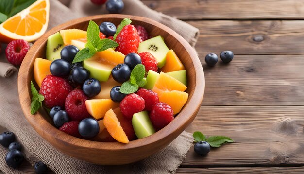 Photo a wooden bowl of fruit with a bunch of raspberries and raspberries