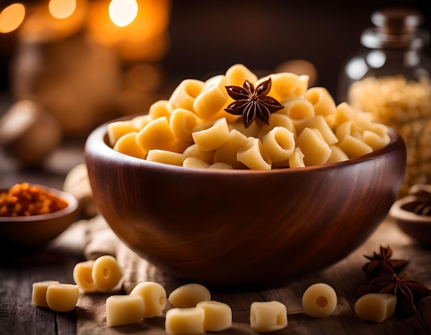 A wooden bowl full of raw macaroni and spices