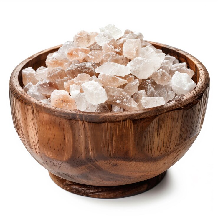 Wooden bowl full of salt rock isolated on empty background