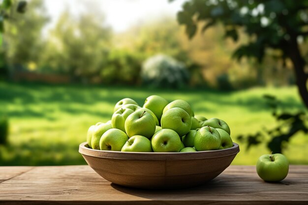 A wooden bowl of green apples on wooden table