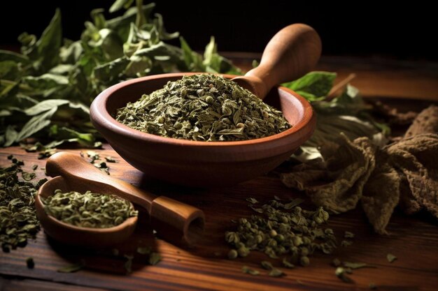 a wooden bowl of green tea with a wooden spoon and a wooden spoon.