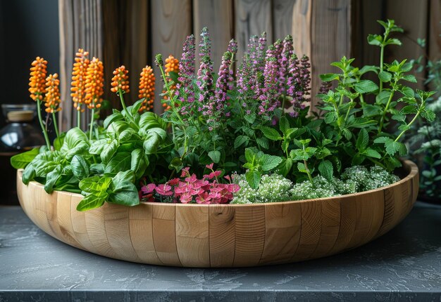 Wooden bowl is filled with colorful flowers and herbs