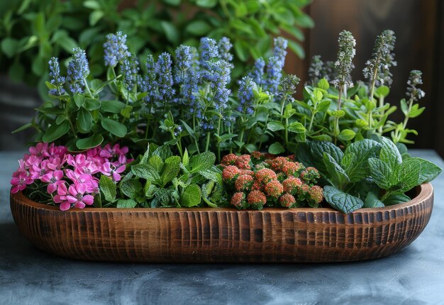 木製の鉢は色とりどりの花やハーブで満たされている