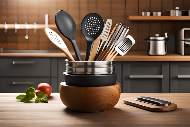 a wooden bowl of kitchen utensils with a kitchen in the background.