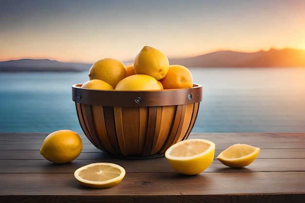 A wooden bowl of lemons with a view of the ocean in the background.