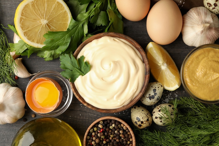 Photo wooden bowl of mayonnaise and ingredients for cooking, top view