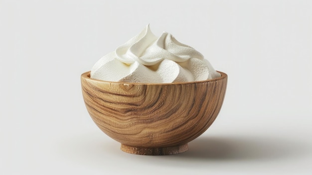 Фото Деревянная миска с битым кислым сливочным йогуртом, изолированная на белом фоне