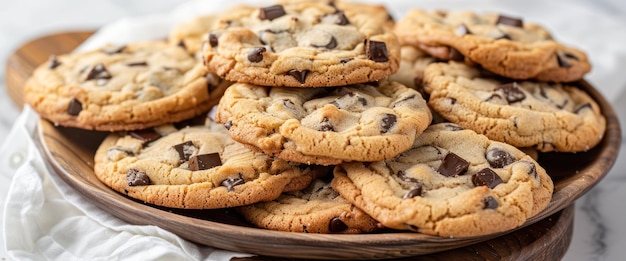 A wooden bowl overflowing with freshly baked American chocolate chip cookies showcasing the crunchy