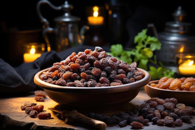 A wooden bowl of Raisins product photography