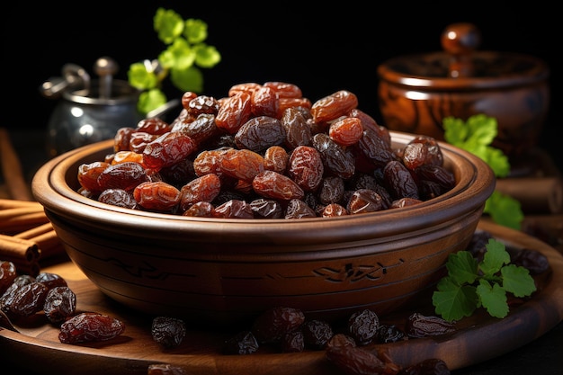 A wooden bowl of Raisins product photography