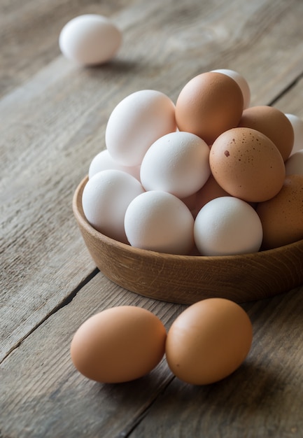 Wooden bowl of raw chicken eggs