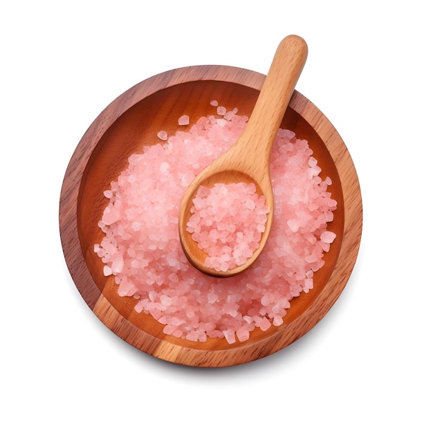 Photo a wooden bowl of sea salt with a wooden spoon on a white background