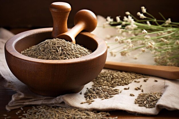 a wooden bowl of seeds with a wooden spoon and a wooden spoon.