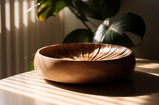 A wooden bowl sits on a table in front of a plant.