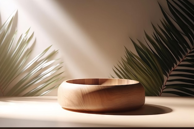 A wooden bowl sits on a table next to a plant.