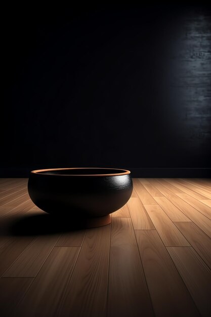 A wooden bowl sits on a wooden floor in a dark room.