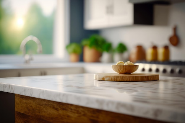 Wooden bowl sitting on top of white counter top next to window Generative AI