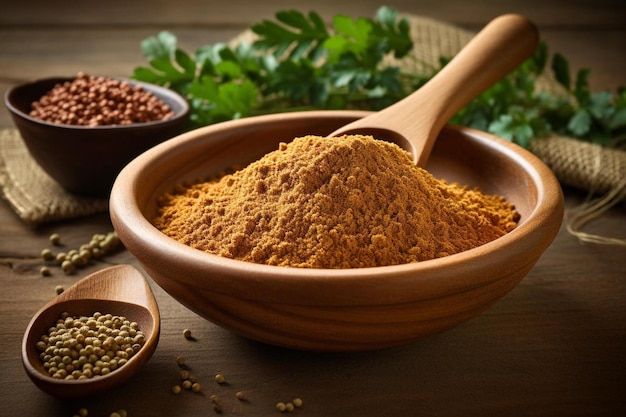 a wooden bowl of spices with a wooden spoon and spoon.