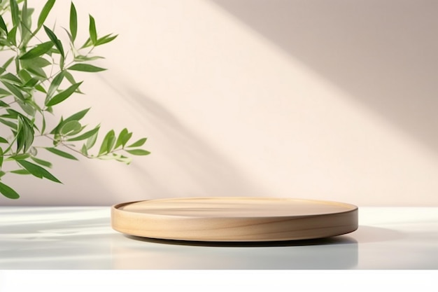 деревянная миска на столе с лиственным зеленым растением в углу.