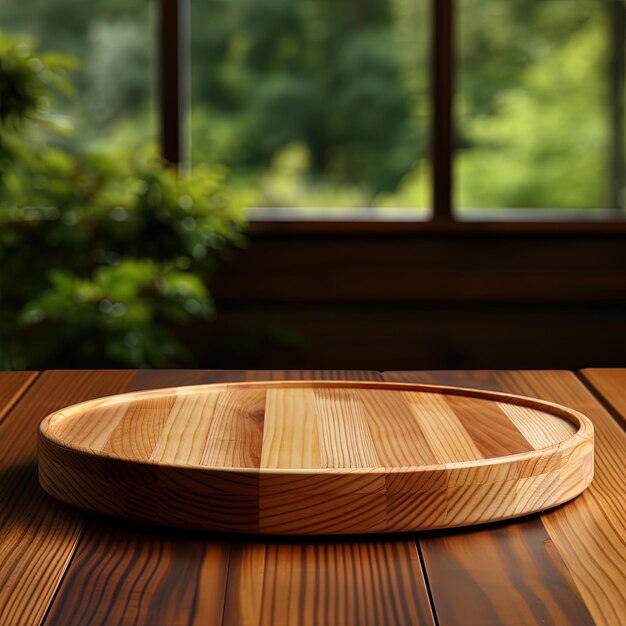 a wooden bowl on a table with a window behind it