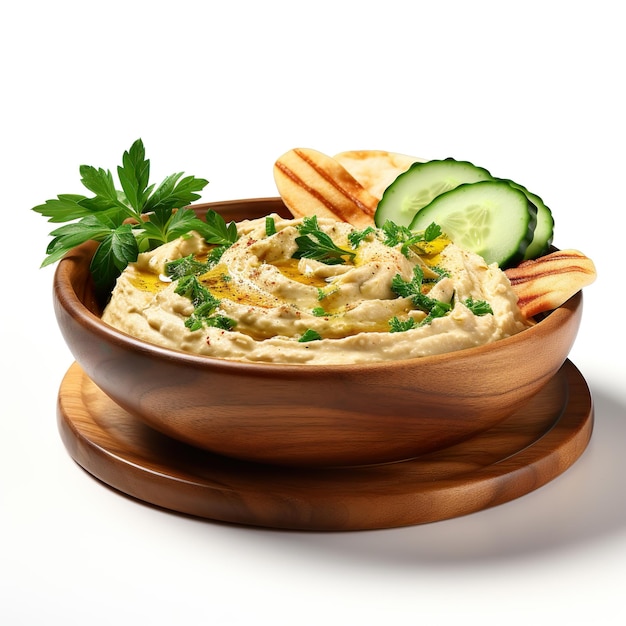Photo wooden bowl of tasty hummus with chips parsley and cucumber isolated on white background