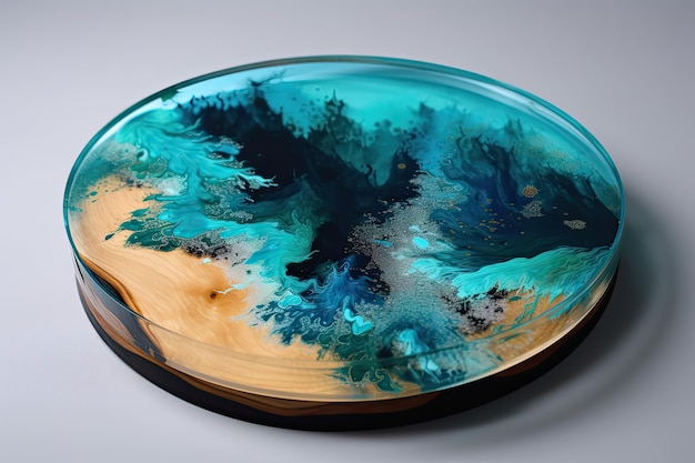 Photo a wooden bowl with a blue and green swirl design.