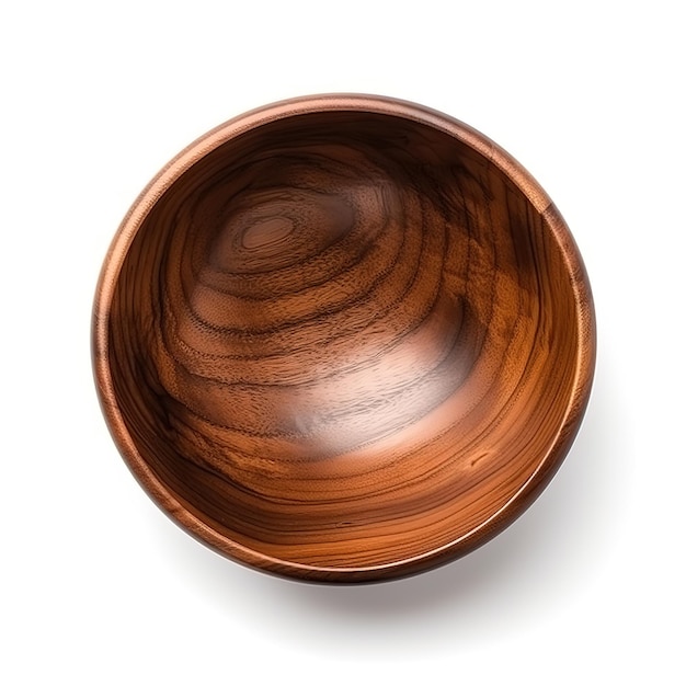 A wooden bowl with a curved edge and a dark brown rim.