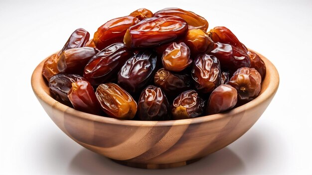 Wooden bowl with dried tasty dates on white background high quality photo