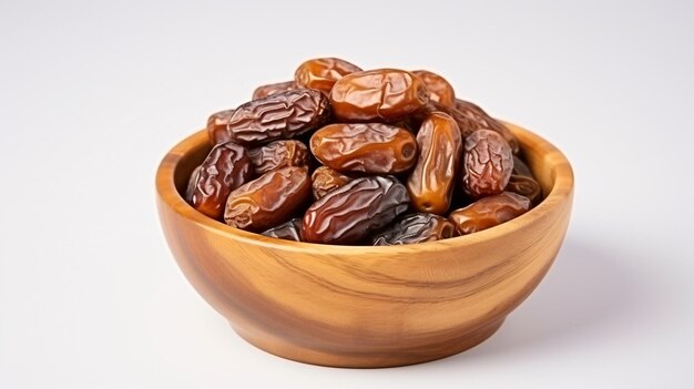 Wooden bowl with dried tasty dates on white