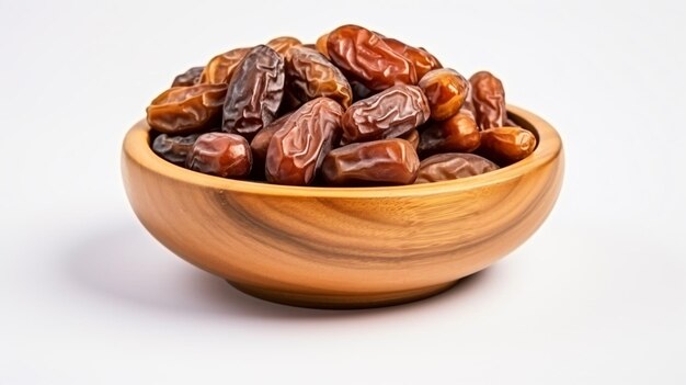 Wooden bowl with dried tasty dates on white