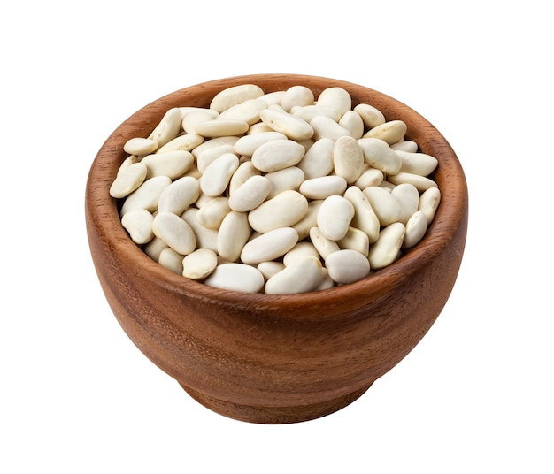 Wooden bowl with dried white beans isolated