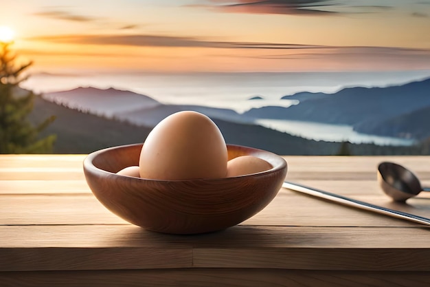A wooden bowl with a egg in it sits on a table with a sunset in the background.