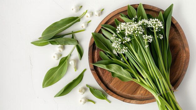 Photo a wooden bowl with flowers and leaves on it