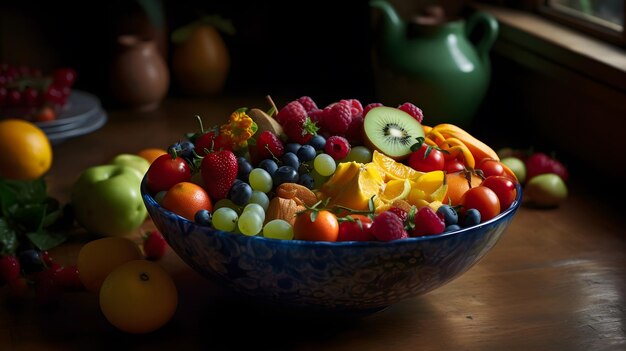 A wooden bowl with fruits generative aI technology