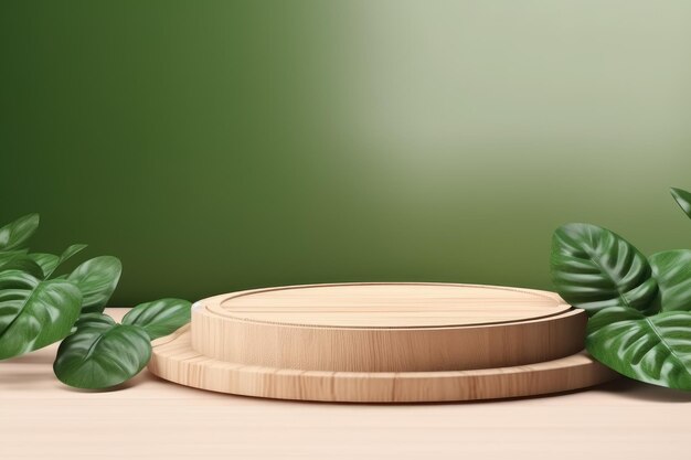 a wooden bowl with a green leaf on the side.