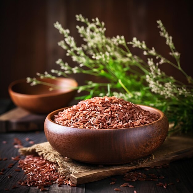 Wooden bowl with red rice