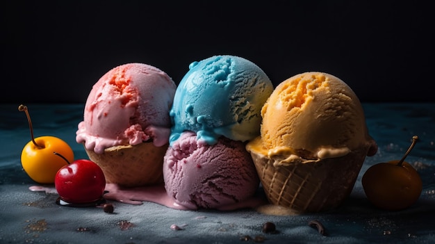 Wooden bowl with scoops of ice cream berries and mint AI generated