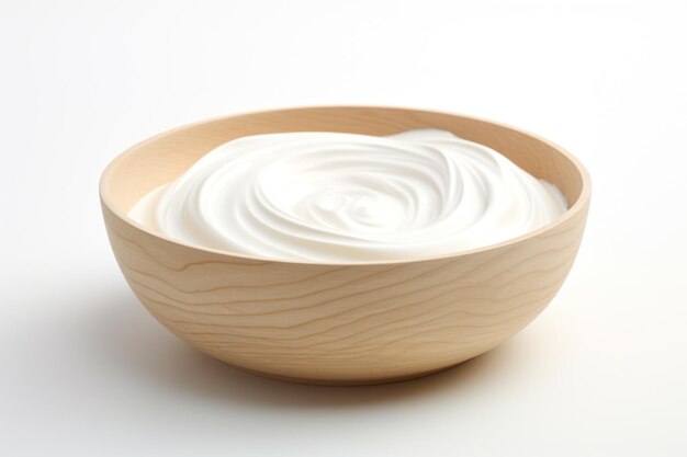 A wooden bowl with white swirls in it