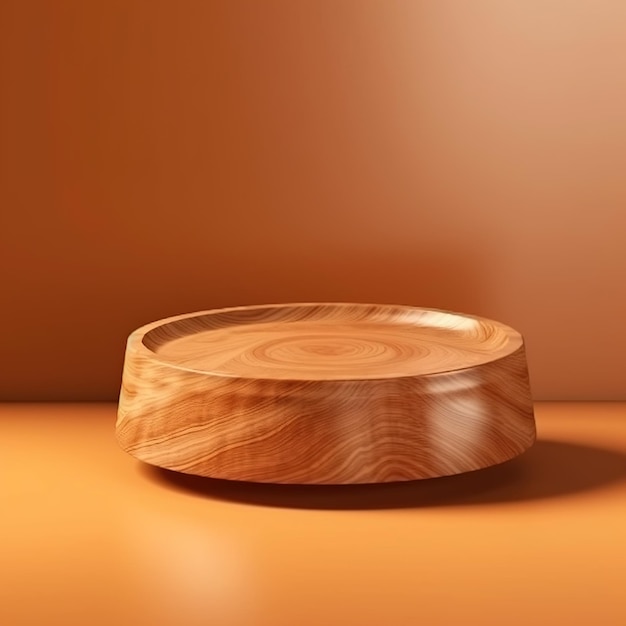 A wooden bowl with a wooden lid sits on an orange background.