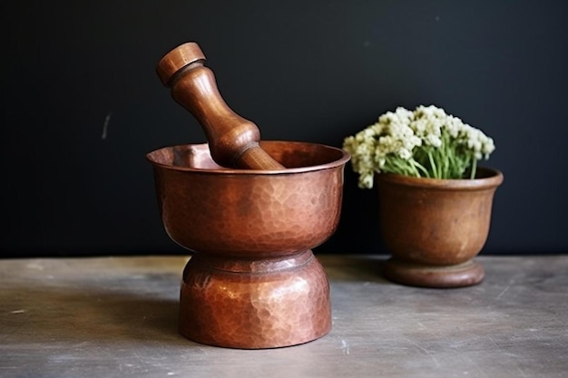 Photo a wooden bowl with a wooden spoon in it and a bowl of food in the middle