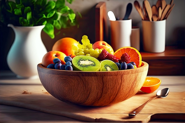 Wooden bowl with young fresh fruits for breakfast in kitchen