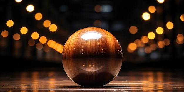 Wooden bowling ball on display in an alley