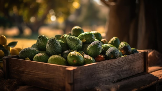 A wooden box of avocados sits in a tree.