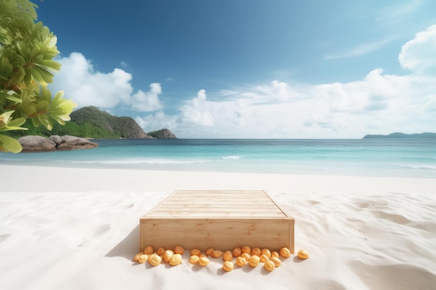 A wooden box on a beach with a beach in the background