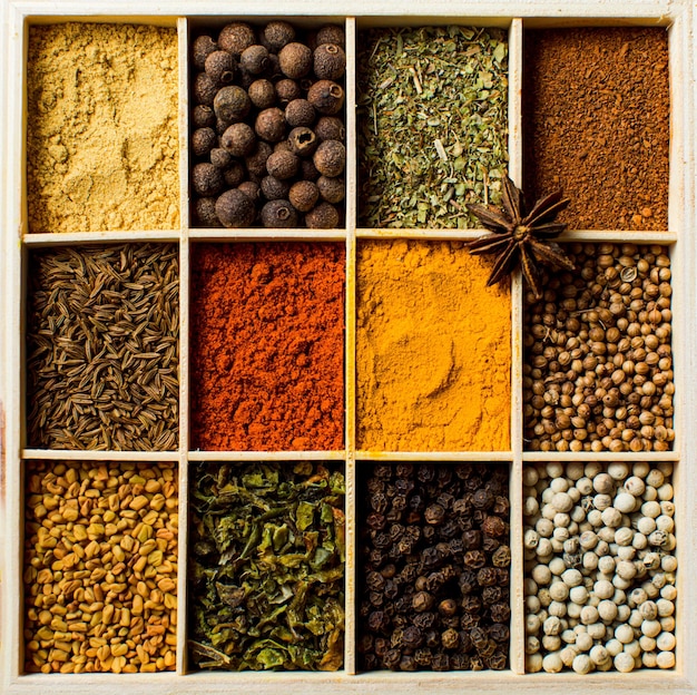 Wooden box cells filled with various spices