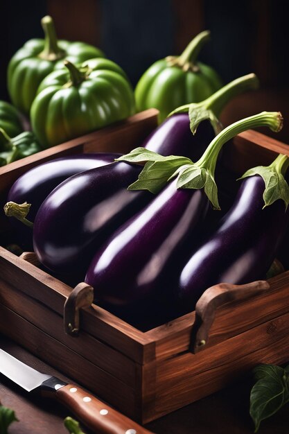 a wooden box of eggplant is on a table