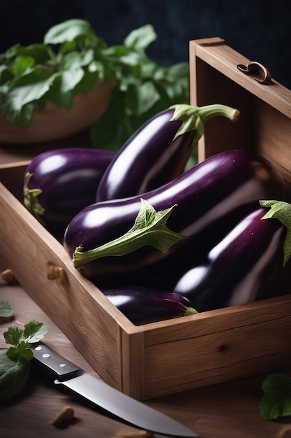 a wooden box of eggplant is on a table