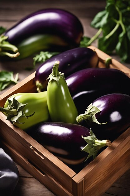 a wooden box of eggplant is on a table