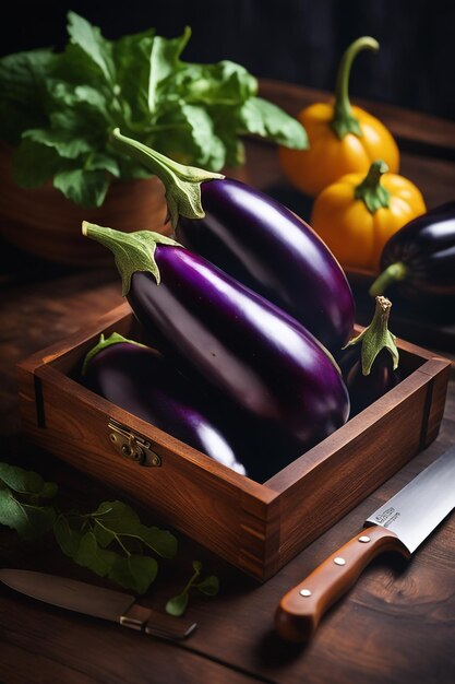 a wooden box of eggplant is on a table