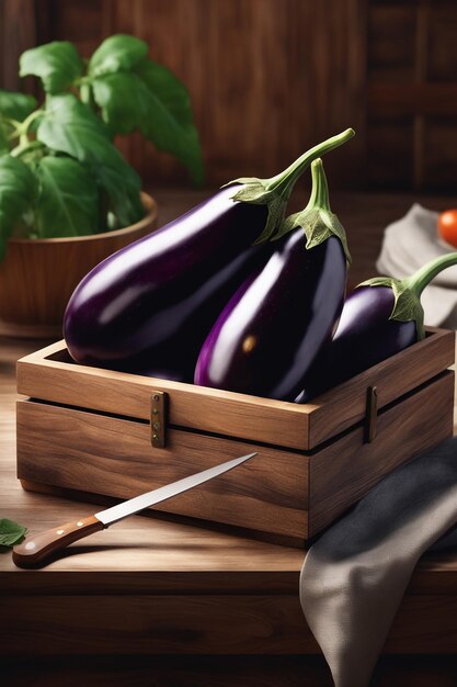 a wooden box of eggplant is on a table